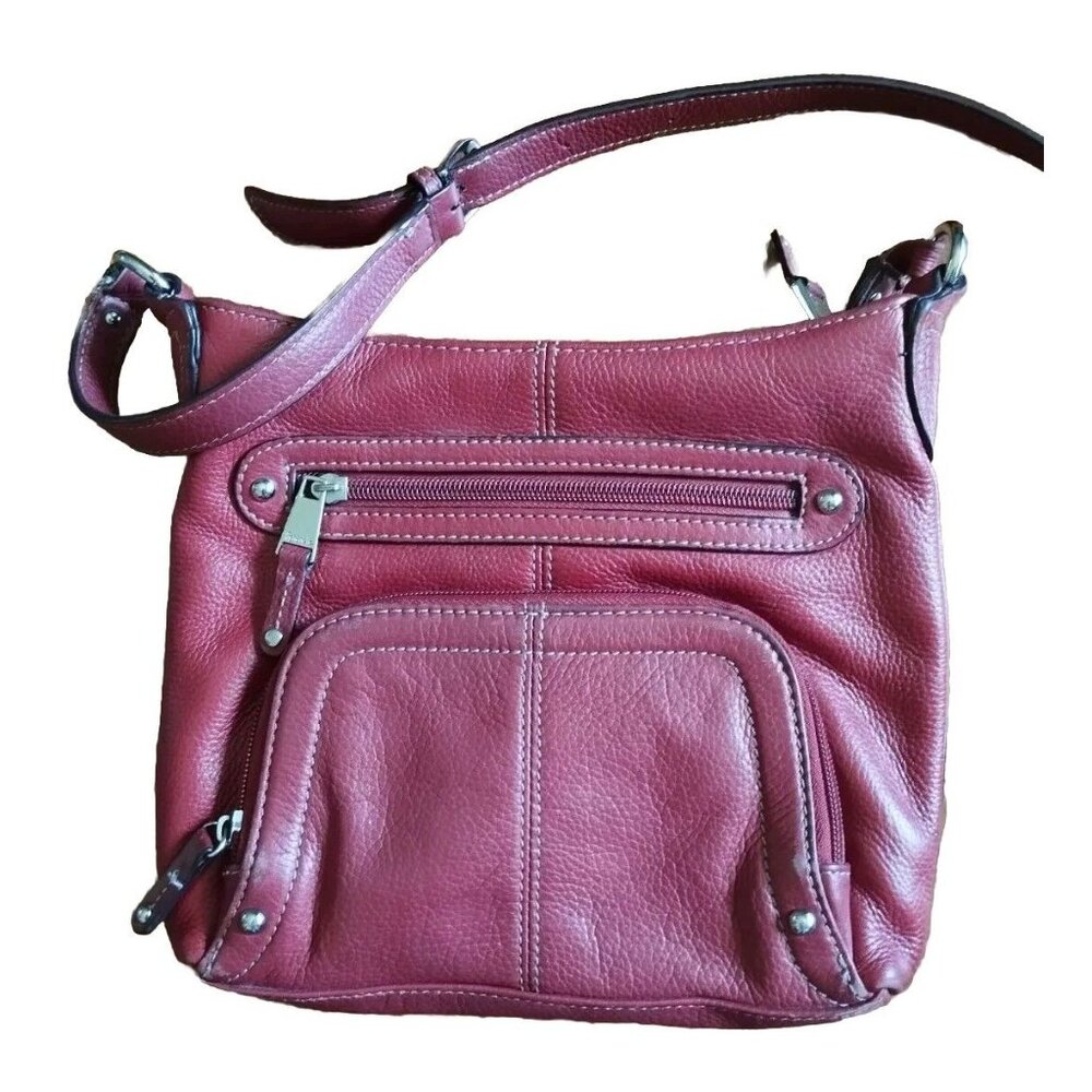 Tignanello Red Leather Purse Crossbody Bag Silver Zippers